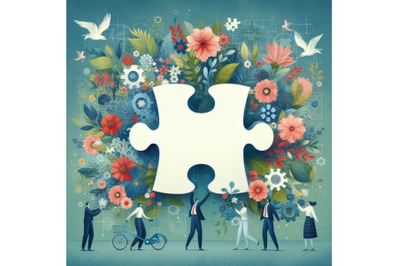 A set of Business People Holding the big jigsaw puzzle piece