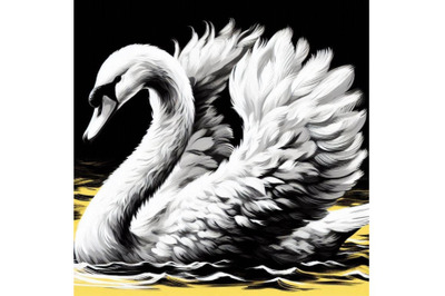 A bundle of White swan with long plumage, in monochrome graphic design