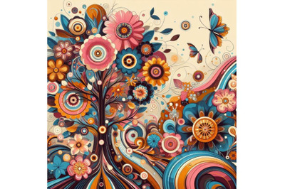 A set of Colorful retro flowers and tree