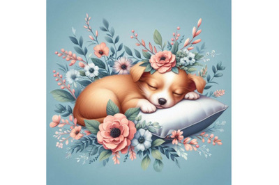 Bundle of adorable  puppy sleeping on a cushion