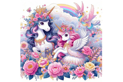 Bundle of adorable  Cartoon fairy tale Princess and Unicorn