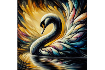 A bundle of Abstract swan art. Iridescent plumage bird in a pond