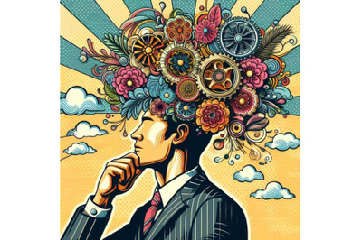 A set of Thinker businessman business concept pop art retro style