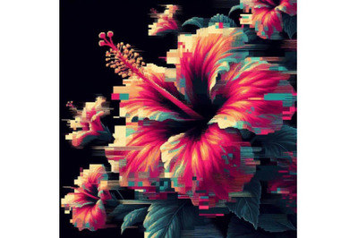 A bundle of hibiscus in Glitch Art Style on Dark Background