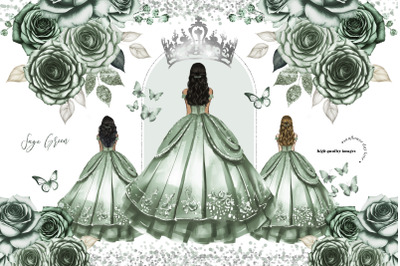 Sage Green Princess Dress Butterfly Clipart&2C; Dusty Green Flowers