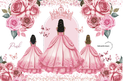 Princess Pink Dress Butterfly Rose Floral Clipart