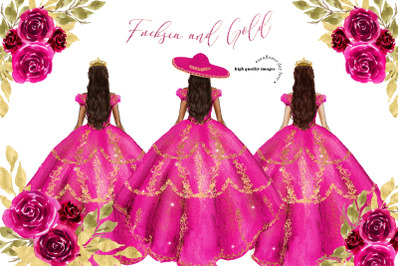 Princess Pink Fuchsia Dress Rose Floral Clipart&2C; Pink Fuchsia Flowers