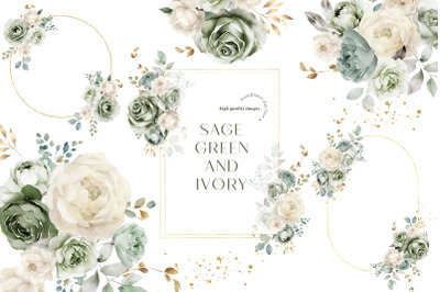 Sage Green &amp;amp; Ivory Flowers Bouquets Clipart&2C; Sage Green Floral