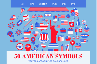 Cartoon Flat Vector 4 July USA Symbols Collection