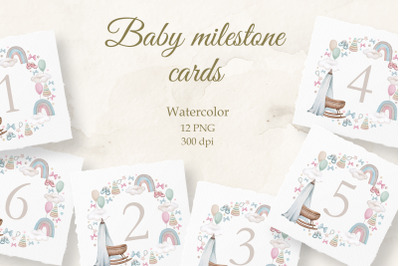 Baby milestone card. Watercolor. 12 months