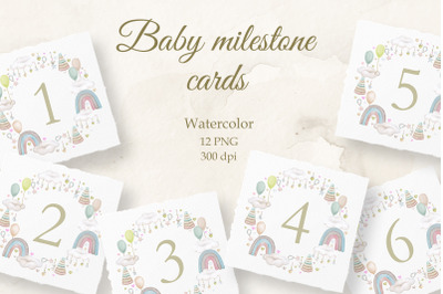 Baby milestone card. Watercolor. 12 months