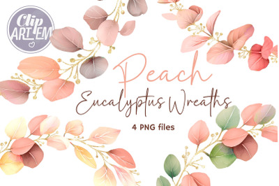 Boho Coral Peach Wreath 4 PNG Greenery Eucalyptus Images Set