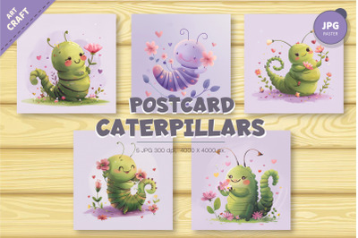 Cute watercolor caterpillars. Children&#039;s cards.