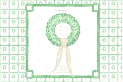 Green Wreaths Frames with Cream bow Watercolor Clipart DIY