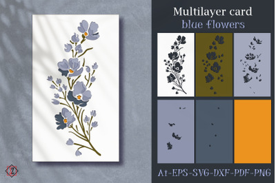 Multilayer Blue Flowers Postcard/Cut File