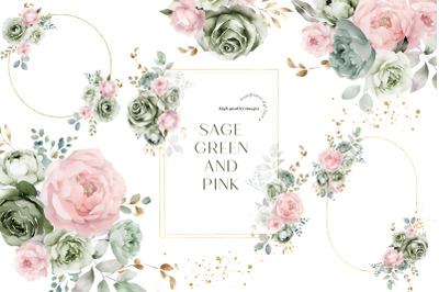 Sage Green &amp;amp; Pink Flowers Clipart&2C; Green Floral Wedding