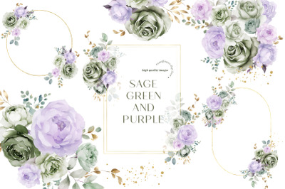 Sage Green &amp;amp; Purple Flowers Bouquets Clipart&2C; Sage Green Floral