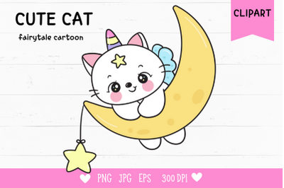 Cute cat unicorn catch star on moon kawaii clipart kitten