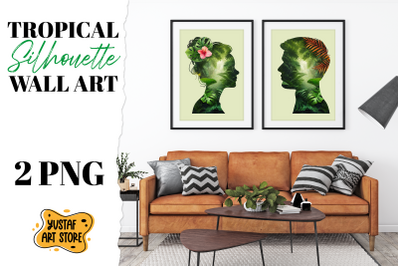 Tropical silhouette man and woman wall art. Tropical poster