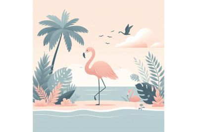 Set of Cute flamingo with tropical summer