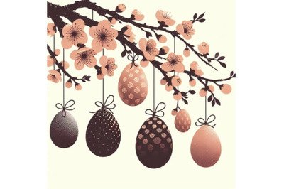 Set of Easter eggs hanging on plum branch