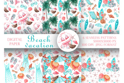 Sea vacation watercolor seamless pattern. Beach. Summer holiday.