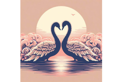 Set of Art Romantic swan couple. Art