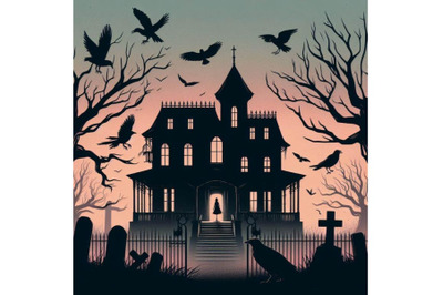 Set of Haunted House with Crows an