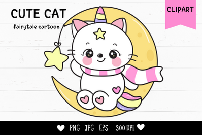 Cat unicorn on moon with star kawaii cliparts baby kitten