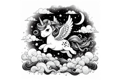 A bundle of Cute unicorn flying in the night sky