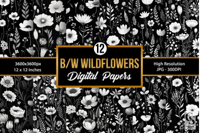 Black and White Wildflowers Seamless Patterns