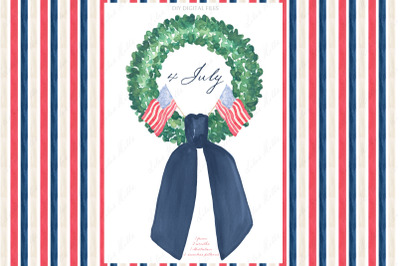 Watercolor Wreath 4 July American Day Watercolor Clipart DIY