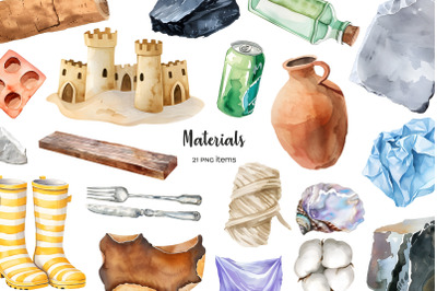 Watercolor materials clipart. Types of material set 21 PNG