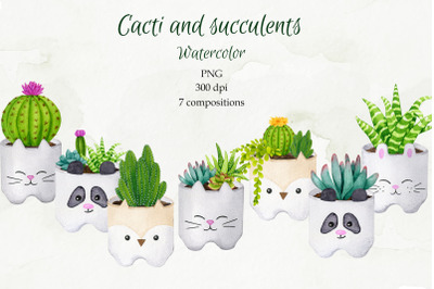 Cacti and succulents. Watercolor cliparts.