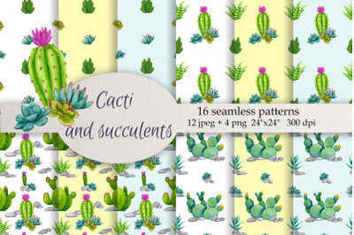 Cacti and succulents. Watercolor patterns.