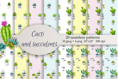 Cacti and succulents. Watercolor patterns.