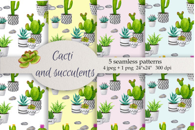 Cacti and succulents. Watercolor patterns.