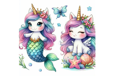 A bundle of Cute unicorn mermaid coloring page