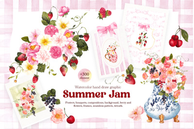 Summer Jam. Watercolor hand draw berries and flowers.