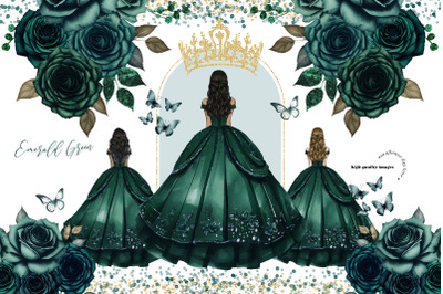 Emerald Green Princess Butterfly Clipart&2C; Hunter Green Flowers