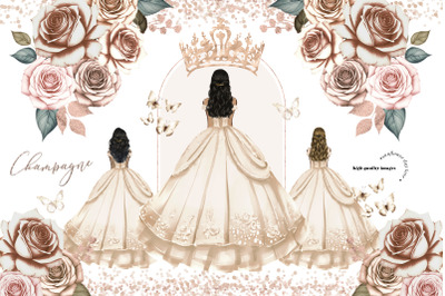 Champagne Princess Dresses Butterfly Clipart&2C; Champagne Flowers