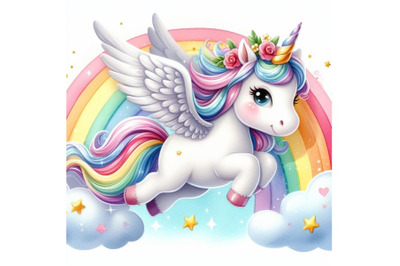 4 Cute unicorn isolated set, magic pegasus flying