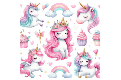 4 Isolated cute watercolor unicorn