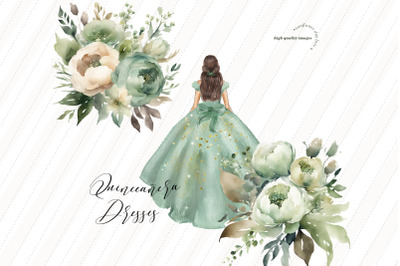 Dusty Green Gold Glitter Dress Clipart&2C; Green Ivory Flowers