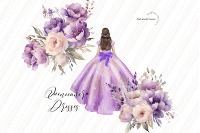 Elegant Pastel Purple Princess Dress Clipart, Purple Flowers