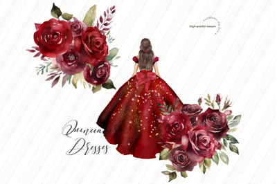 Elegant Burgundy Dresses Gold Glitter Clipart, Burgundy Flowers