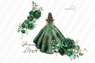 Hunter Green Princess Gold Glitter Dress Clipart