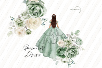 Sage Green Princess Dress Clipart&2C; Dusty Green Flowers