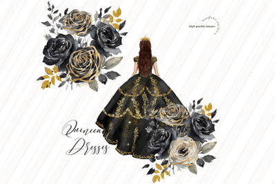 Black and Gold Princess Clipart&2C; Black Ivory Flowers