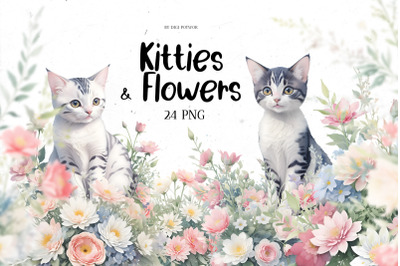 Watercolor Kitties And Flowers Bundle | PNG cliparts